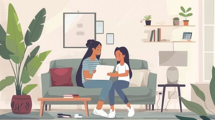 Mother with school girl indoors at home, distance learning and home office.