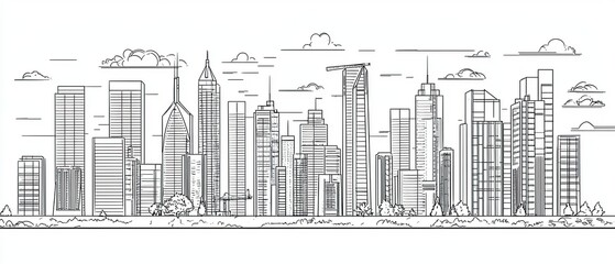 Fototapeta premium Hand-drawn sketch of a city skyline with skyscrapers and clouds.