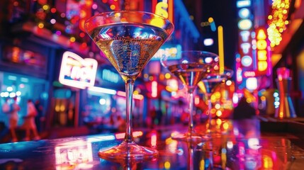 Neon signs light up a bustling nightlife scene, reflecting in glittering martini glasses.