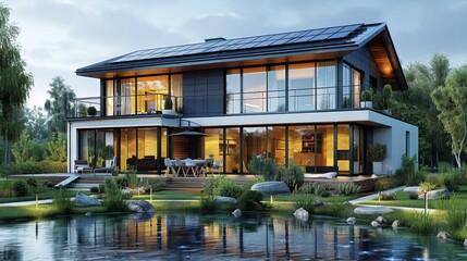 Modern House with Solar Panels & Pond