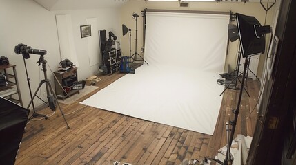 Photography Studio Floor: Displaying photography backdrops, lighting equipment, cameras, and photographers capturing images