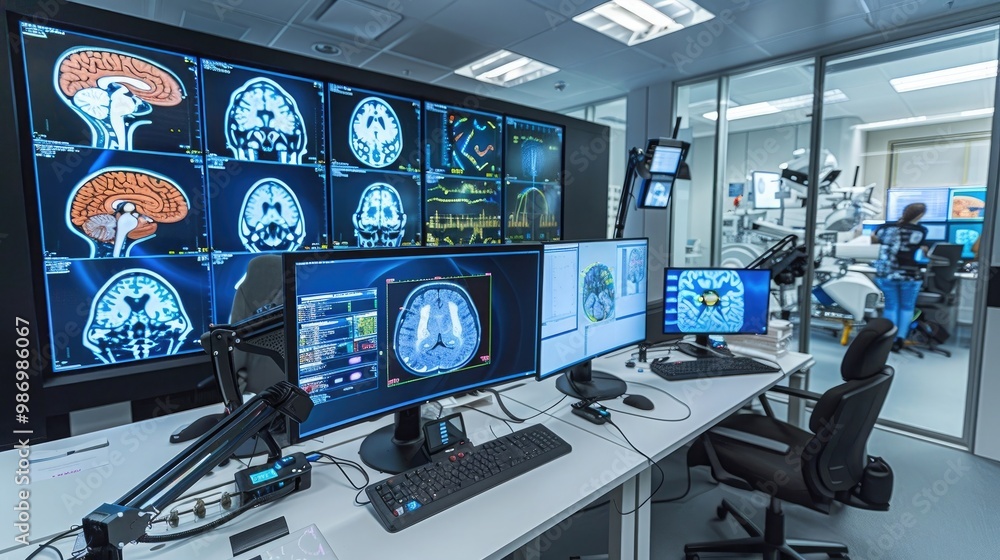 Poster platinum neural interface research center: showing a research center where scientists study neural i