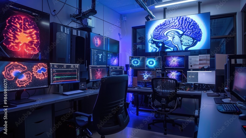 Poster platinum neural interface research center: showing a research center where scientists study neural i