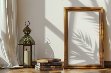 Empty Picture Frame, Candle Lantern, Books, Sunlight