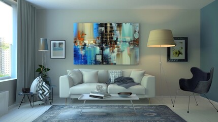 Living room with customizable picture frame, generative ai