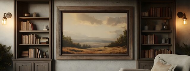 3D Rendered Mockup of a Distressed Wooden Picture Frame in a Warm and Inviting Farmhouse Style Living Room Featuring a Landscape Painting Built In Bookshelves an Armchair