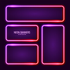 Glowing neon banners, illuminated colorful square frames. Shiny vibrant border, glow effect. Purple vintage retro lights, night illumination. Modern futuristic UI design elements. Vector illustration