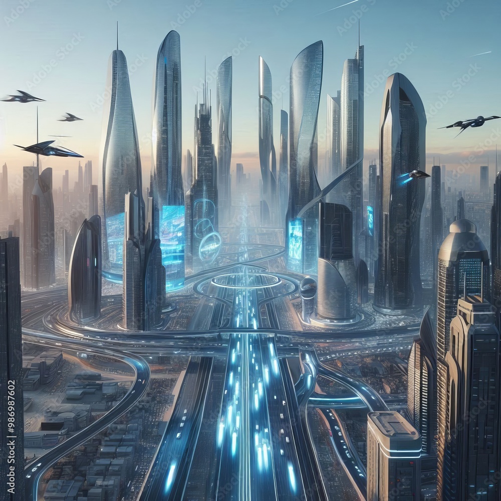 Poster an aerial view of a futuristic city, featuring a network of illuminated highways winding through mod