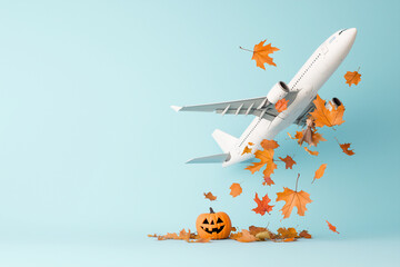 Airplane with falling leaves and a pumpkin