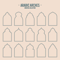 Islamic frames, oriental style objects. Arabic shapes, windows and arches. Traditional ornamental banner, frame. Muslim holidays, Ramadan Kareem. Modern eastern architecture. Vector illustration