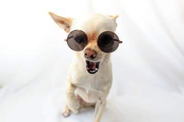 A small white Chihuahua dog with glasses