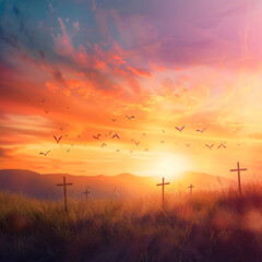 Fototapeta premium Good Friday landscape with crosses against a sun