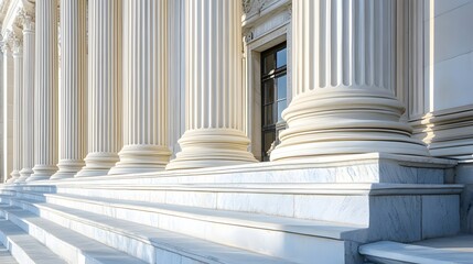 Stone colonnade and stairs detail showcasing classical pillars in a building facade.