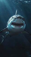 Ferocious Great White Shark Emerging from Ocean Depths with Sunlight Streaming Through Water
