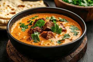 A delicious bowl of creamy meat curry garnished with fresh herbs, served alongside naan and a side of greens.
