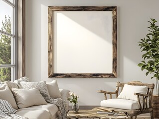 A cozy and inviting rustic style living room with wooden furnishings plush pillows and a touch of natural greenery creating a serene and welcoming atmosphere for relaxation and comfort