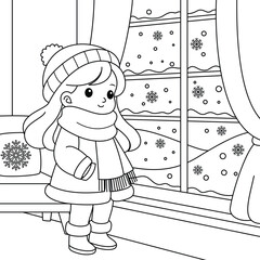 Cute girl watching the snow fall through the window coloring page. Christmas and Winter Illustration