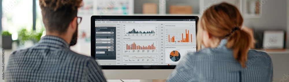 Poster business team analyzing data on computer screen in office