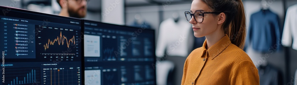 Poster business professional analyzing data on computer screen.