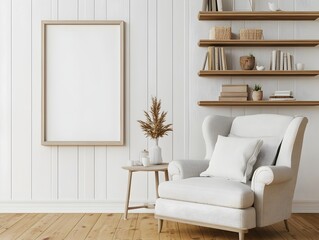 A soothing farmhouse inspired living room featuring a cozy armchair built in shelves and a mockup frame showcasing natural textures and a muted color palette for a serene inviting atmosphere