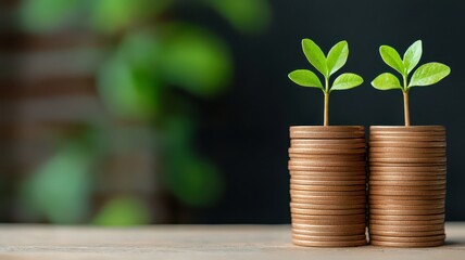 Growing plants in coins representing financial growth and sustainability.
