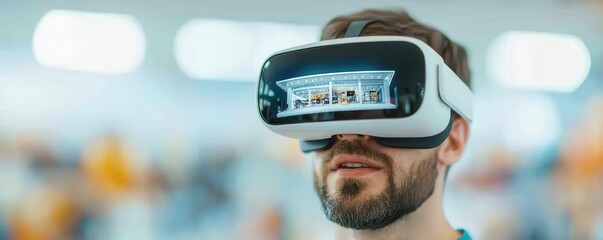Man using virtual reality headset in modern environment.