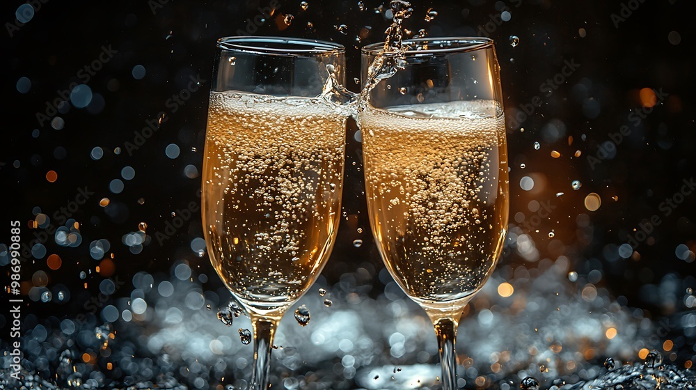 Poster two champagne flutes clinking with golden liquid and sparkling bokeh on a dark background.