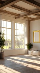 Bright and airy 3D rendered farmhouse interior with large windows exposed wood beams and an elegant golden frame mockup creating a atmosphere