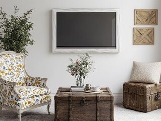 Charming and eclectic farmhouse living room interior with a 3D rendered mockup frame floral accent chair antique trunk coffee table wall mounted TV and rustic farmhouse wall decor  A sketch like