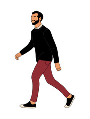 Business man walking side view. Stylish bearded man  wearing smart casual office outfit. Vector outline illustration isolated on transparent background.