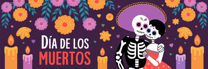 Day of the dead poster with sugar skull in flat style.