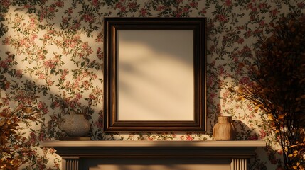 Charming farmhouse interior with floral wallpaper and vintage decor accents including a 3D mockup of an aged distressed bronze metal frame prominently displayed on the mantel showcasing a soft