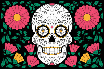 Day of the dead poster with sugar skull in flat style.