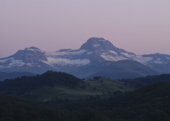 Mount Kazbek Landscape at Dusk with Pink Sky