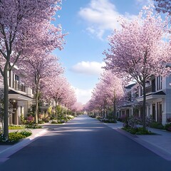 Obraz premium A street lined with cherry blossom trees in full bloom on a sunny day.