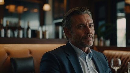 Obraz premium portrait of a businessman sitting in a restaurant waiting for a meeting with client or an investor