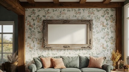 Charming farmhouse living space featuring cottage style floral wallpaper weathered wooden beams and a distressed frame with decorative trim all bathed in a soft overcast autumn light