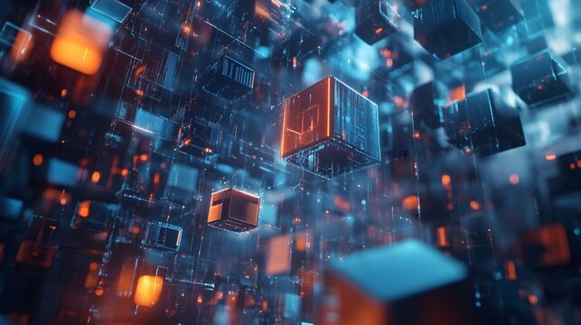 A series of floating 3D cubes and graphs forming intricate patterns, representing data-driven creativity and innovative business solutions in a modern digital space 