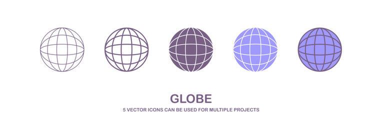 Globe Icon vector illustration, Go to web symbol icon, www symbol, Web icon, website, homepage icon set, earth clip art, a set of icons with 5 different styles