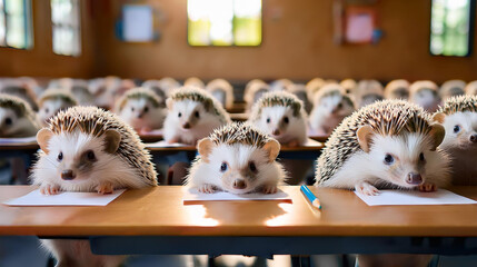 Young hedgehog students in a classroom taking a test