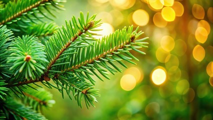 Close up of a beautiful green pine tree branch with copy space for Christmas decorations
