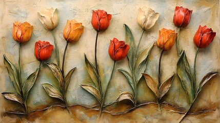 Obraz premium Stucco artwork with vibrant tulip flowers in a riot of colors, forming a cheerful and lively wall display.