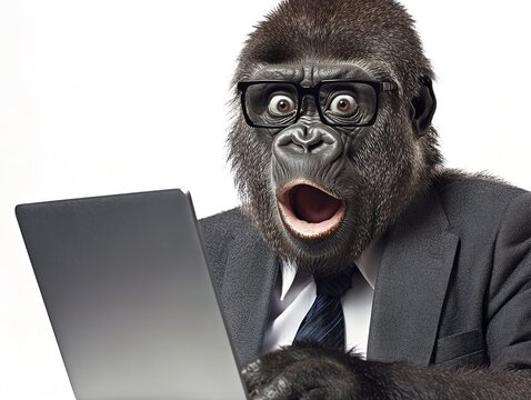 Surprised gorilla in a suit, glasses on, staring at laptop, isolated on white background.