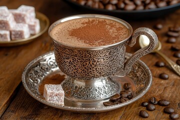 Turkish Coffee in an Ornate Silver Cup with Turkish Delight and Coffee Beans