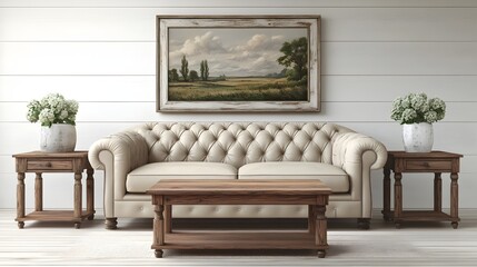 Cozy and inviting country style living room featuring whitewashed shiplap walls a tufted leather sofa reclaimed wood end tables and a classic landscape painting in a distressed frame