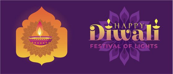 Beautiful Happy Diwali Festival 2024 Banner with Diya, Rangoli Decoration.  Deepavali "Festival of Lights" Holiday Background, Banner, Template, Poster, Greeting, Sale, Vector Illustration. 