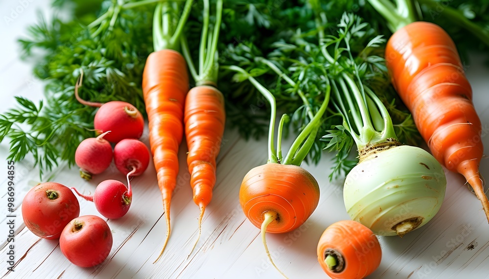 Wall mural fresh and vibrant organic baby carrots displayed on a bright white table, celebrating healthy eating