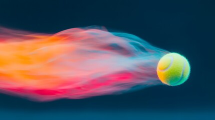 A vibrant tennis ball trails colorful motion blur, suggesting speed and energy against a dark...