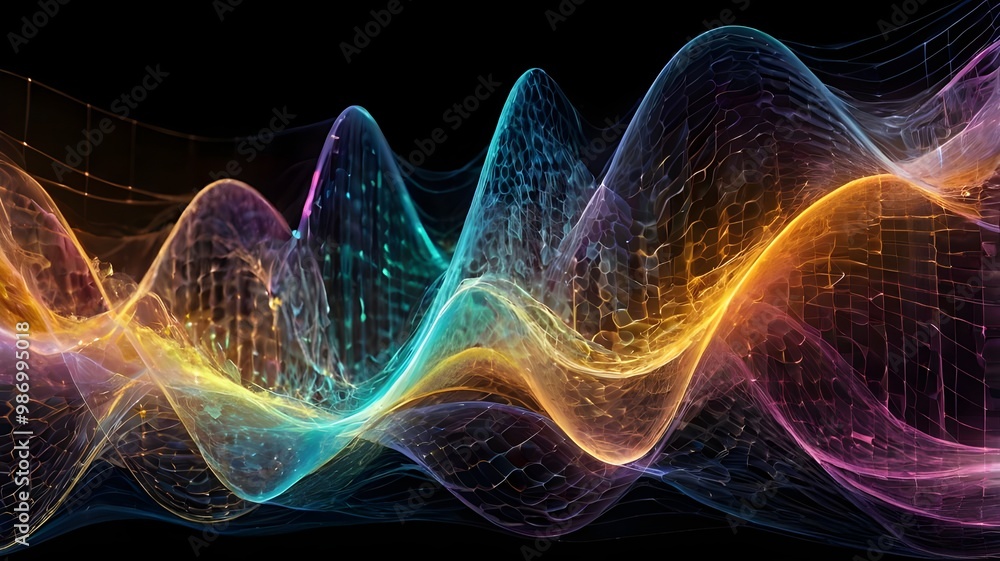 Aufkleber fractal energy realms with glowing blue waves and dynamic patterns in a futuristic digital design