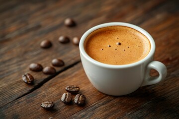 A Close-Up of a Cup of Coffee with Coffee Beans on a Wooden Table